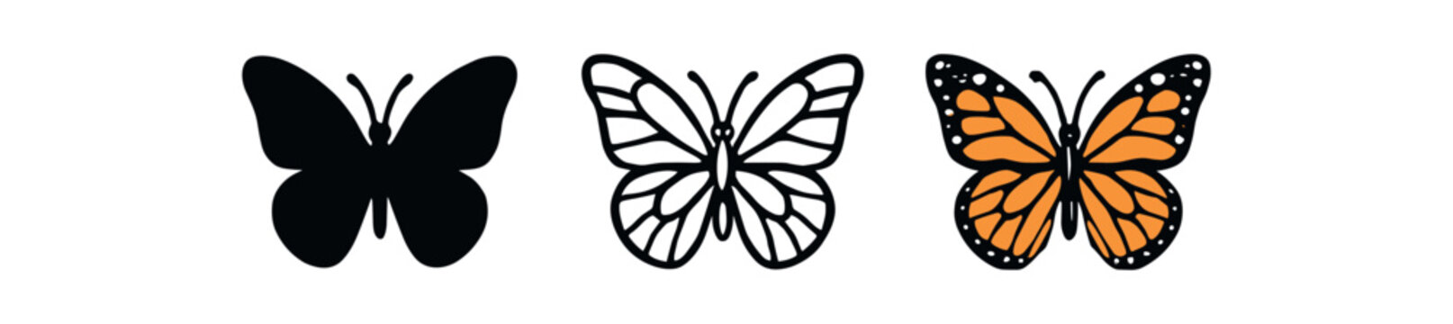 butterfly monarch icon on white background Black silhouette flat icon outline icon and colored icon style orange black white tones three minimal vector icon style