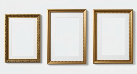 Three Ornate Gold Picture Frames with White Matting on White Background