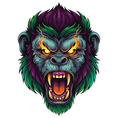 A fierce and angry gorilla head with glowing eyes, roaring with open mouth.