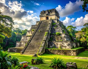 Ancient stepped pyramid with temple at the top, set against a vibrant sky and lush forest