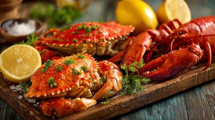 Freshly Cooked Seafood Platter with Lobster and Crab Garnished with Fresh Herbs and Lemon on Rustic Wooden Board
