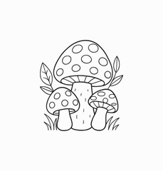 Cute Mushroom Cluster Line Art Illustration