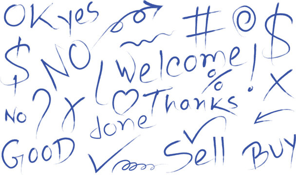 A collection of handwritten symbols, abbreviations, and short words, likely from notes or a doodle sheet. Includes currency symbols, check marks, arrows, and common expressions.