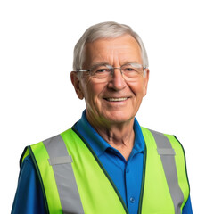 A smiling senior gentleman wearing a bright yellow safety vest and blue collared shirt isolated on transparent background