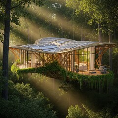Unique eco friendly house in the middle of a lush green forest with sunbeams shining through the trees.