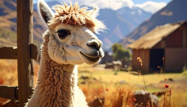 A fluffy alpaca, with light colored fur, looks at the camera against a mountain backdrop