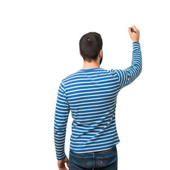 A young man wearing a striped shirt and jeans viewed from behind with his right arm raised and hand clenched isolated on transparent background