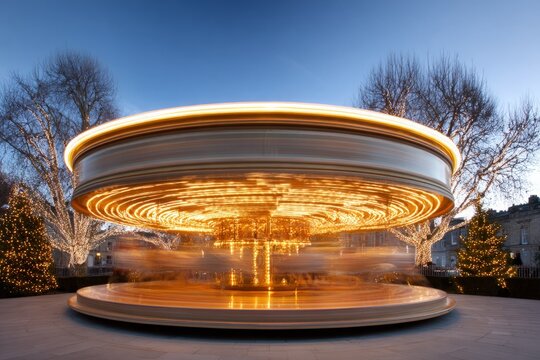 Illuminated carousel spins, motion blur visible, festive park features holiday lights on bare trees and Christmas trees. - Powered by Adobe