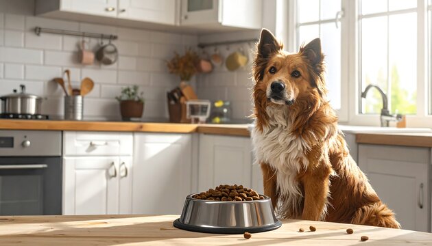A fluffy brown dog sits patiently beside a bowl of kibble in a bright, sunny kitchen