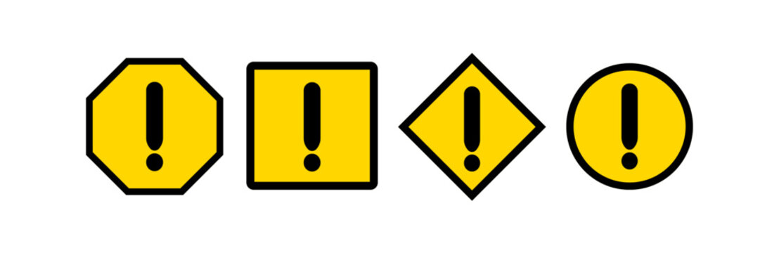 Set of yellow warning icons with exclamation marks in various geometric shapes, perfect for safety labels, alert signs, hazard indicators, and informative graphic design elements.