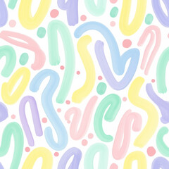 Vibrant pastel abstract brush strokes and dots create a cheerful and modern seamless pattern perfect for playful designs