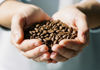 Gently cupped hands hold a generous pile of rich, roasted coffee beans, showcasing the aroma and essence of premium brew.
