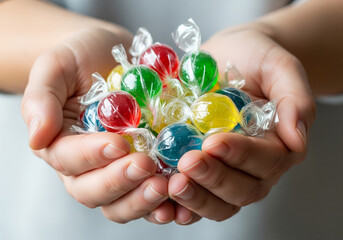Vibrant, colorful hard candies nestled in cupped hands, offering a sweet, nostalgic treat for any occasion, bringing joy and delight.