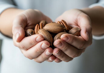 Generous handful of whole and shelled pecans offered with care, showcasing natural texture and healthy goodness for culinary inspiration.