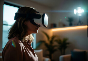 Step into the Metaverse A young woman explores virtual reality in her living room, experiencing immersive entertainment with a VR headset at home