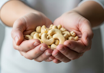 Nourishing handful of creamy, whole cashews offered with gentle care, a wholesome snack promoting healthy eating and natural goodness.