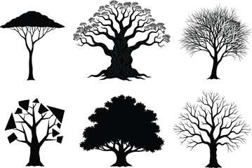 Tree silhouette set, abstract tree, umbrella canopy, baobab shape, winter branches, artistic foliage, nature design, botanical elements, forest icons