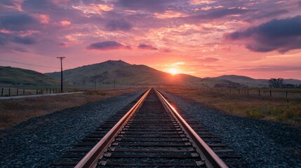 Fototapeta premium Serene Sunset Over Railway Tracks Leading into Majestic Mountains and Vibrant Sky with Beautiful Cloud Formation Illuminated by Warm Golden Light