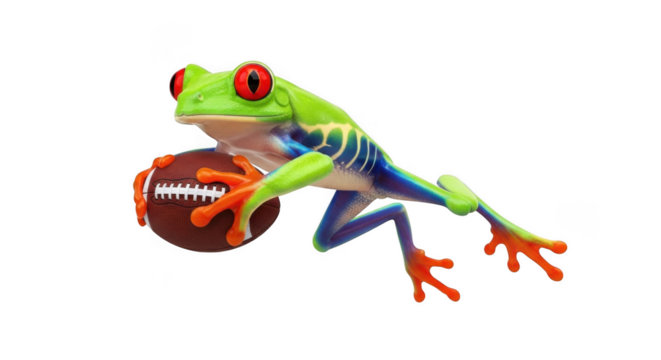 Red eyed tree frog holding an american football