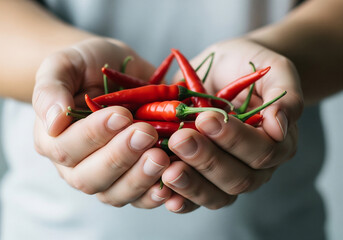 Hands gently cradle vibrant red chili peppers, showcasing fresh ingredients for spicy culinary creations and healthy eating inspiration.
