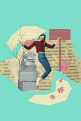 Pop image art collage of happy girl guy stand home relocation concept doodle summer travel new owner settlement road sign box supplies