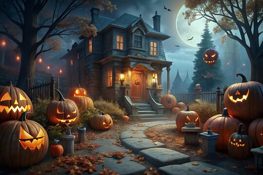 Spooky haunted mansion entrance lined with jack o lanterns on halloween night