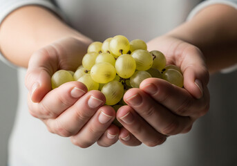 Nourishing hands gently cradle a vibrant cluster of fresh green grapes, evoking health, freshness, and natural goodness for healthy eating and lifestyle concepts.
