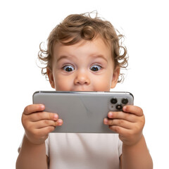 A young child with wide eyes intently focused on a mobile phone held horizontally in their hands isolated on transparent background