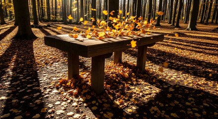 Warming golden sunlight shining on a rustic wooden table in a forest clearing with bright autumn leaves blowing and falling in the wind