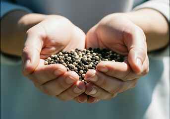 Hands gently cupping a vibrant mix of fresh black and white peppercorns, capturing the essence of natural spice and culinary richness.