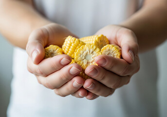 Nourishing harvest of fresh corn cobs cradled gently in warm human hands, promising wholesome goodness and farm-fresh flavor for your table.