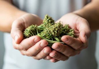 Hands gently hold freshly harvested cannabis buds, showcasing vibrant green trichomes and rich aroma potential for medicinal or recreational use.