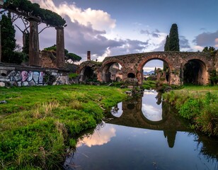 Ancient stone archway reflecting in still water, ruins set against a vibrant sky