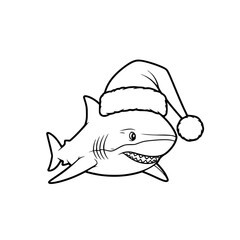 A festive shark is ready for a Christmas celebration, smiling with a Santa hat. vector illustration