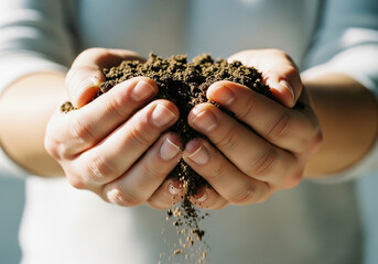 Gentle hands cradle rich soil, symbolizing growth, nurturing, and the promise of new life, perfect for agriculture or environmental themes.