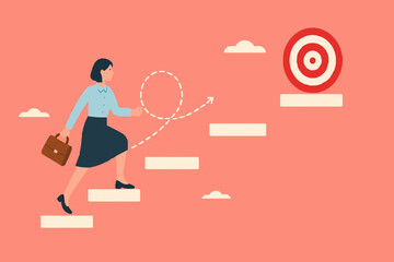 progress toward success or career success, journey to achieve target or business goal, personal development goal for work, way to achieve goal, businesswoman climbs the stairs towards her life's goals