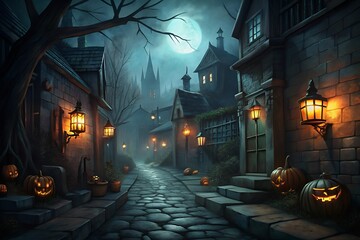 Fototapeta premium Spooky halloween alleyway illuminated by jack o lanterns and lanterns