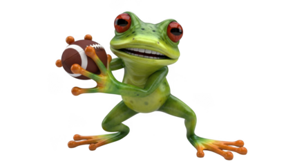 Green frog character holding a miniature football