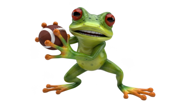 Green frog character holding a miniature football
