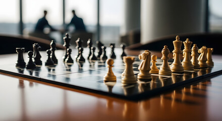 competitive strategy business game with chess board game with 2 people having a blurry discussion background
