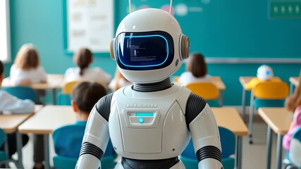 Futuristic classroom: robot educator engaging students with cuttingedge technology - Powered by Adobe