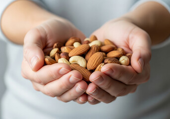 Nourishing hands gently hold a rich mix of almonds and cashews, symbolizing health and wholesome snacking for a balanced lifestyle.