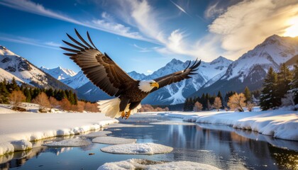 A bald eagle flies over a frozen river with mountain reflections under a bright blue winter sky
