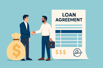 loan agreement, proof of loan document, two businessmen shaking hands making a loan agreement with a bag of dollars and a loan agreement document concept vector illustration