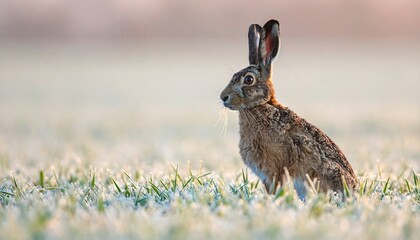 A European hare sits in a field, alert with upright ears, on a frost-covered landscape
