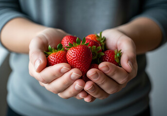 Freshly picked vibrant strawberries cupped in caring hands, offering a taste of summer's sweetness and natural goodness