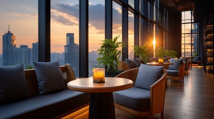 Fototapeta premium Elegant rooftop bar with a panoramic city view at golden hour sunset