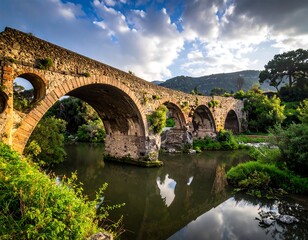 Ancient stone bridge spans a river, reflecting under a partly cloudy sky at sunset