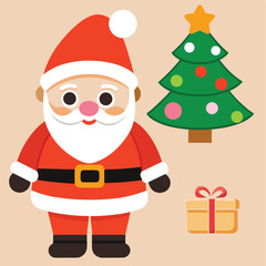 A collection of cute flat-style Christmas illustrations featuring Santa Claus. Include a decorated Christmas tree with ornaments and a star on top. Style is flat vector cartoon