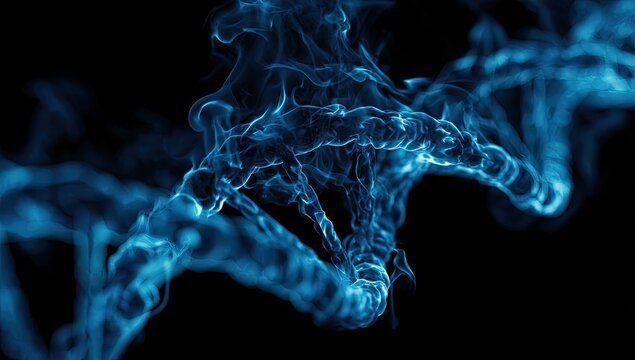 A stylized DNA double helix rendered with blue smoke against a black background